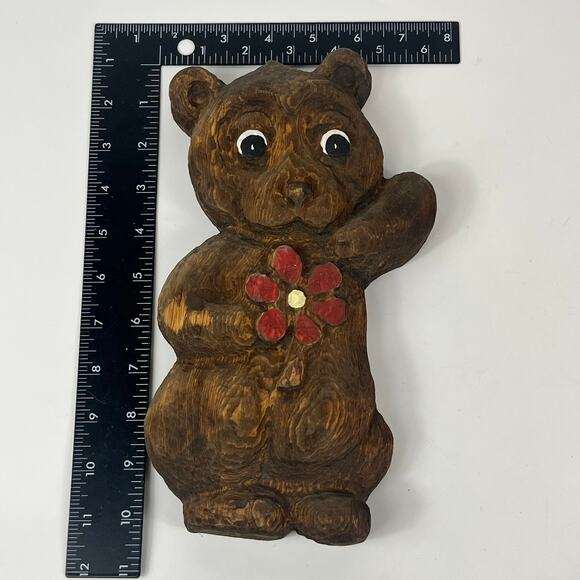 Vintage Handmade Wooden Bear Carved Hand Painted Wall Hanging Decor Red Flower - Picture 5 of 6